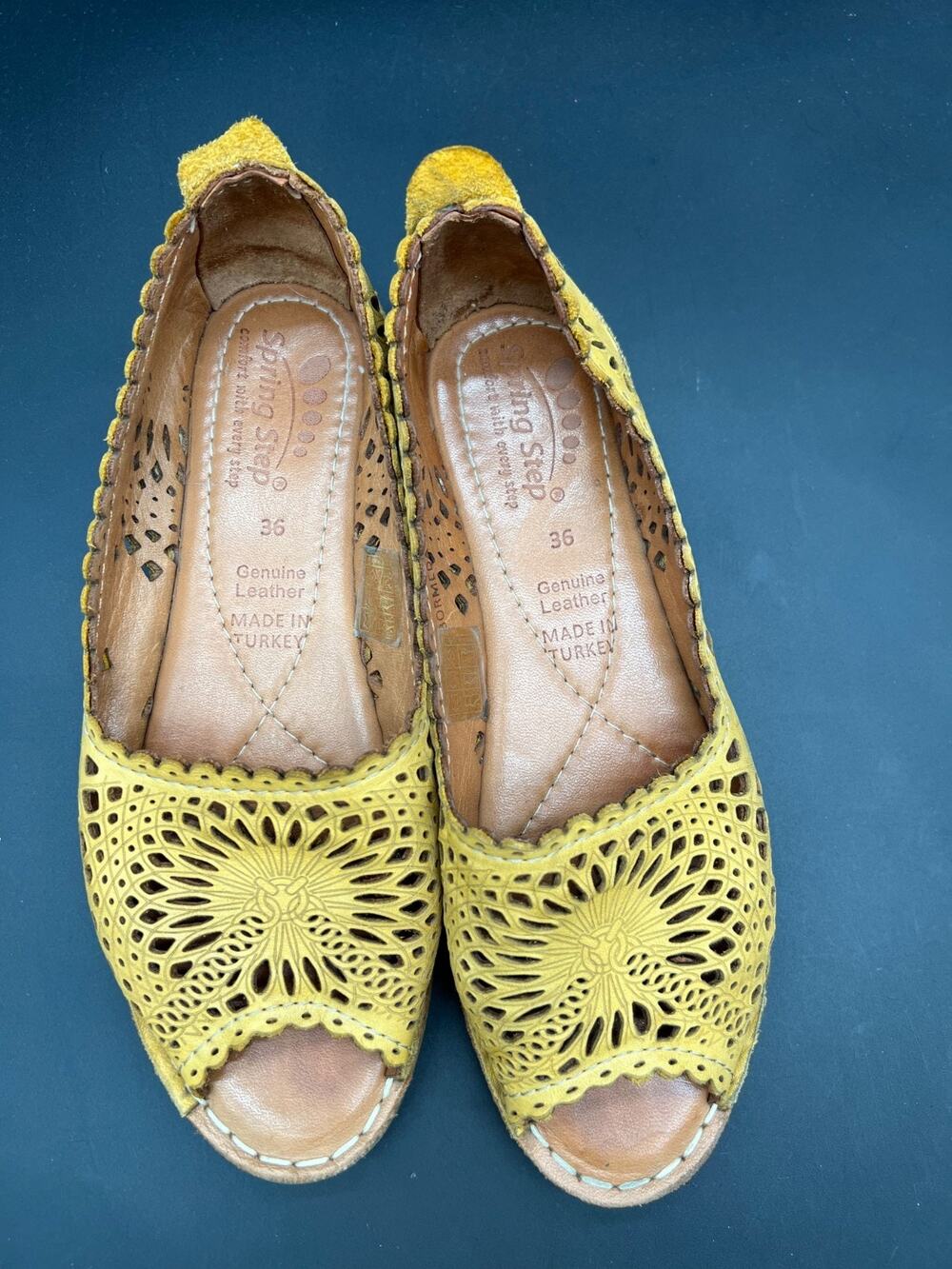 Spring Step Comfort Bormeda Yellow‎ Leather Cutout Peep Toe Size US 5.5/6 EU 36
